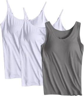 3 Pack Built-in Bra Undershirts,Women Tank Tops and Camisole,Summer Soft Comfy Modal Scoop Neck Yoga Workout Tees