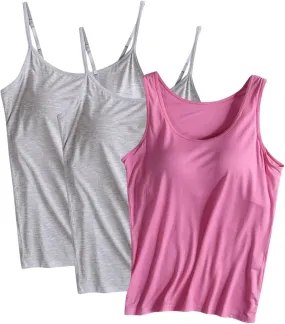 3 Pack Built-in Bra Undershirts,Women Tank Tops and Camisole,Summer Soft Comfy Modal Scoop Neck Yoga Workout Tees