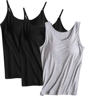 3 Pack Built-in Bra Undershirts,Women Tank Tops and Camisole,Summer Soft Comfy Modal Scoop Neck Yoga Workout Tees