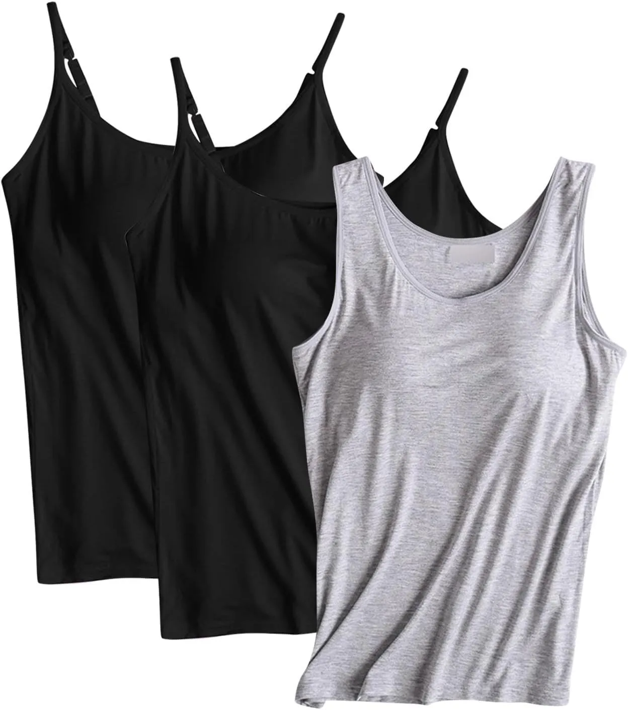 3 Pack Built-in Bra Undershirts,Women Tank Tops and Camisole,Summer Soft Comfy Modal Scoop Neck Yoga Workout Tees
