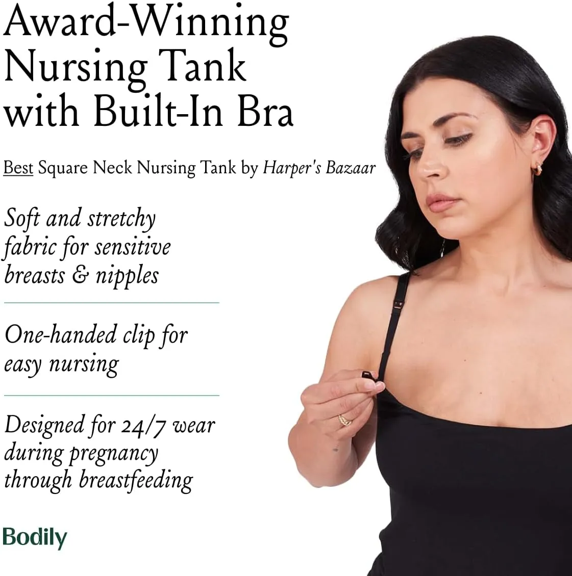 Always-On Nursing Tank, Built-in Bra, Easy Clip Down Nursing, Soft, Stretchy, Square Neckline Maternity Bra
