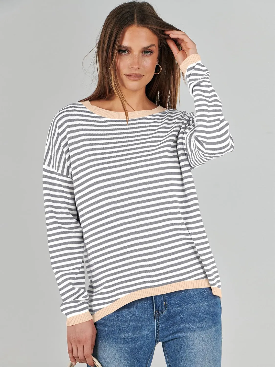 ANRABESS Womens Sweaters Striped Color Block Long Sleeve Crewneck Casual Loose Knitted Pullover Shirts 2025 Fall Trendy Tops