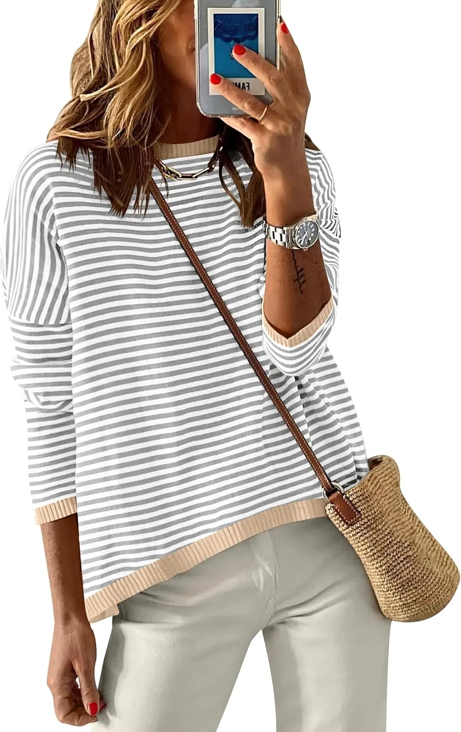 ANRABESS Womens Sweaters Striped Color Block Long Sleeve Crewneck Casual Loose Knitted Pullover Shirts 2025 Fall Trendy Tops