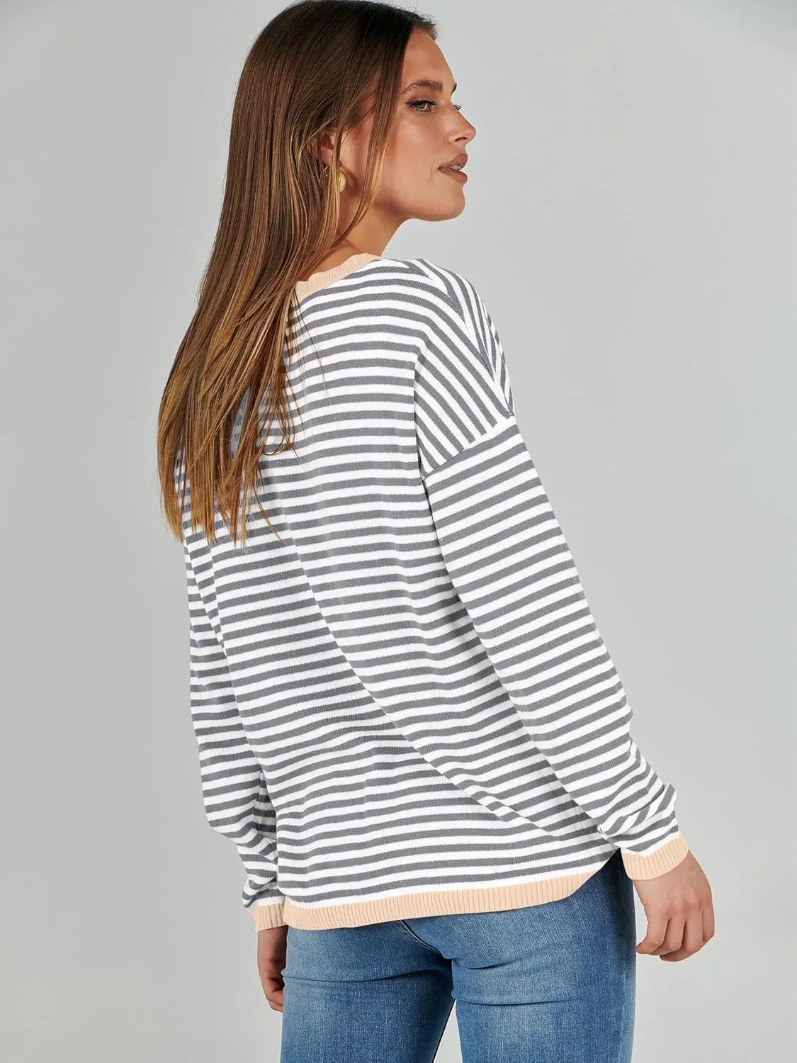 ANRABESS Womens Sweaters Striped Color Block Long Sleeve Crewneck Casual Loose Knitted Pullover Shirts 2025 Fall Trendy Tops