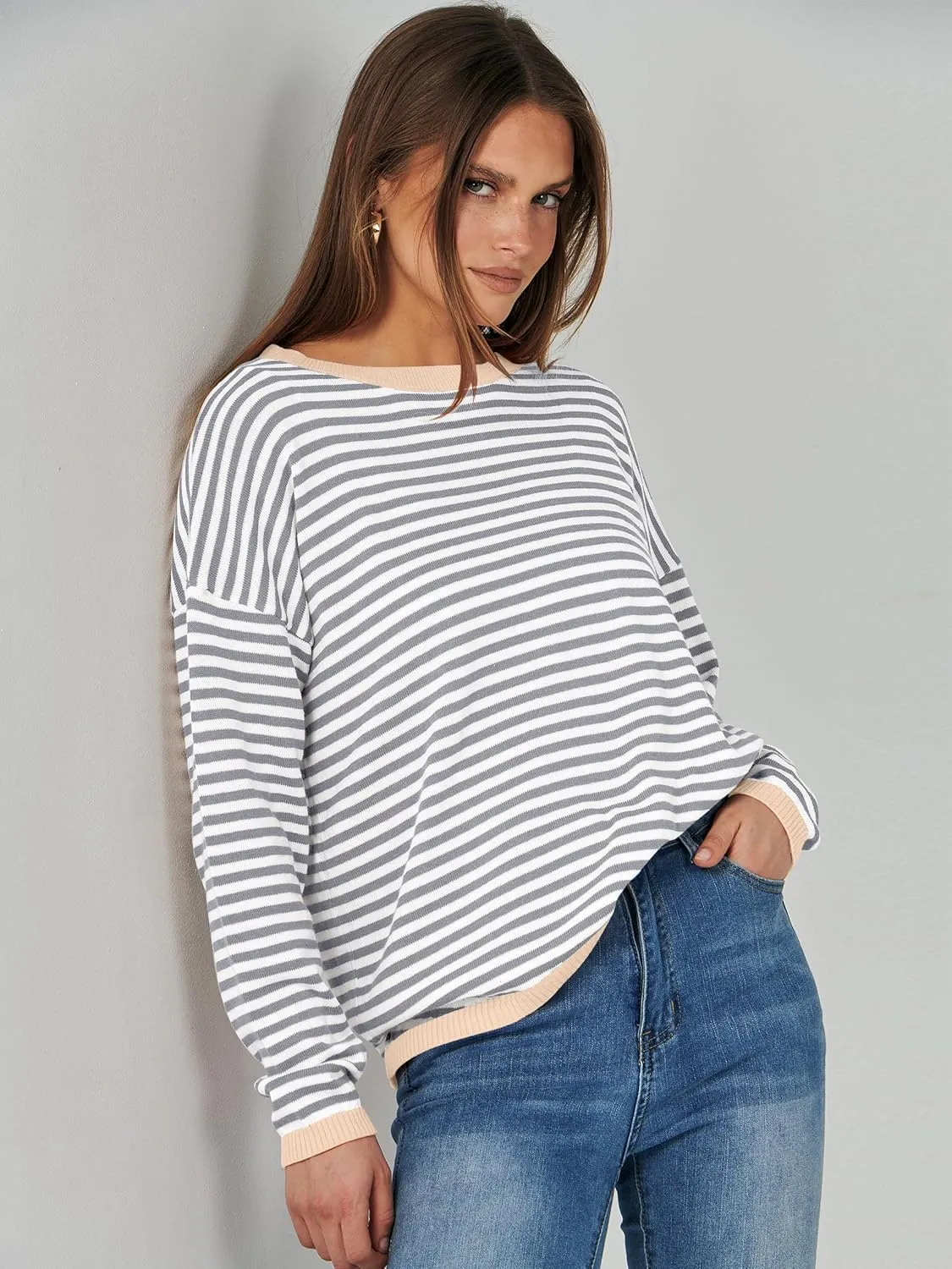 ANRABESS Womens Sweaters Striped Color Block Long Sleeve Crewneck Casual Loose Knitted Pullover Shirts 2025 Fall Trendy Tops
