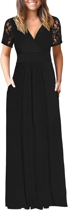 AUSELILY Womens Maxi Dress 2025 Summer Lace Short Sleeve V Neck Wrap Waist Long Dresses with Pockets
