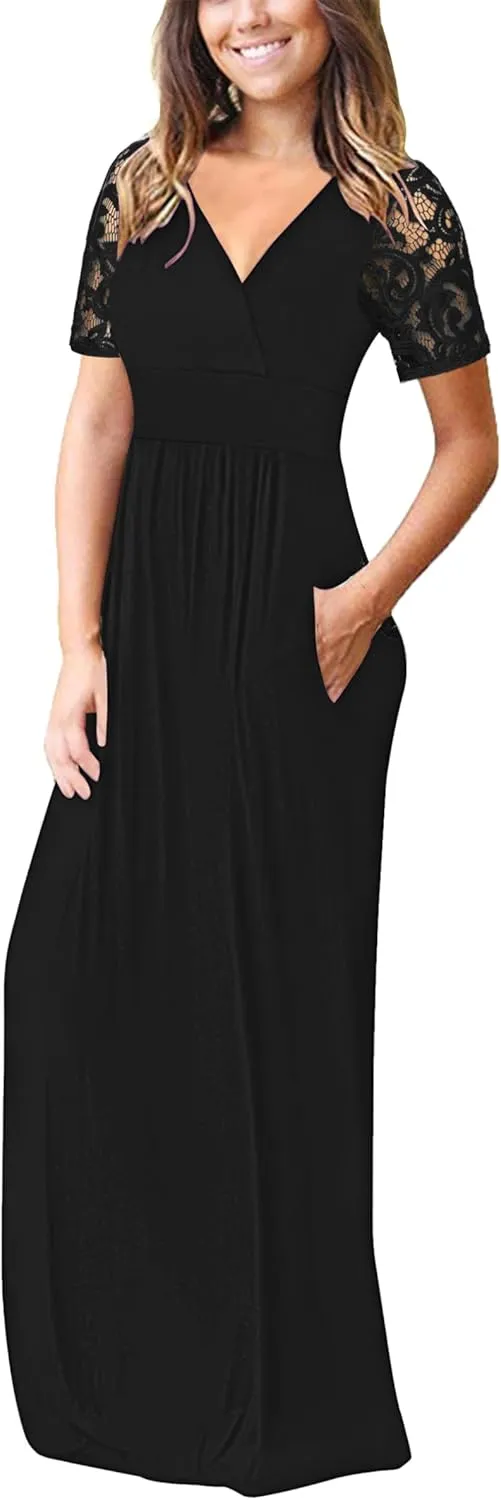 AUSELILY Womens Maxi Dress 2025 Summer Lace Short Sleeve V Neck Wrap Waist Long Dresses with Pockets
