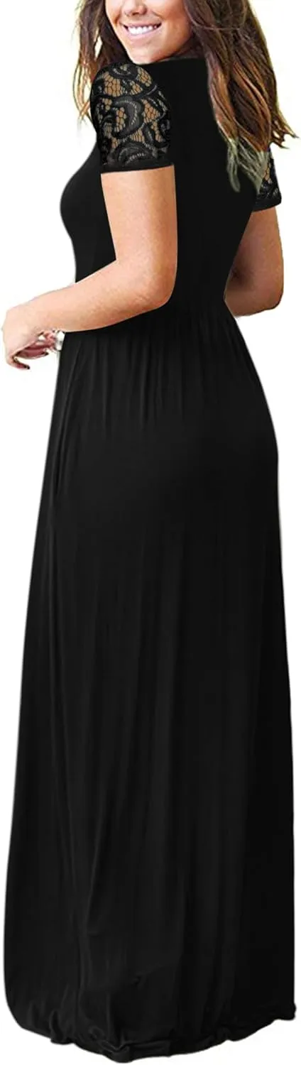 AUSELILY Womens Maxi Dress 2025 Summer Lace Short Sleeve V Neck Wrap Waist Long Dresses with Pockets