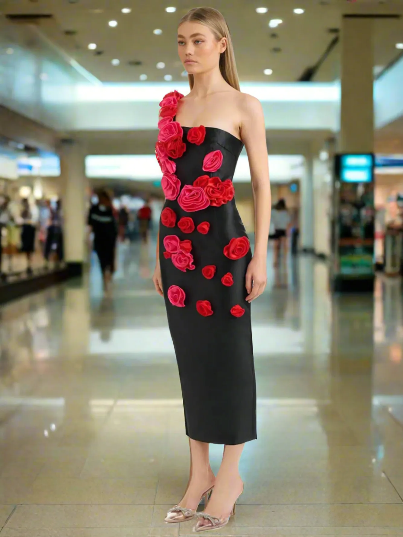 Black One Shoulder 3D Flower Dress