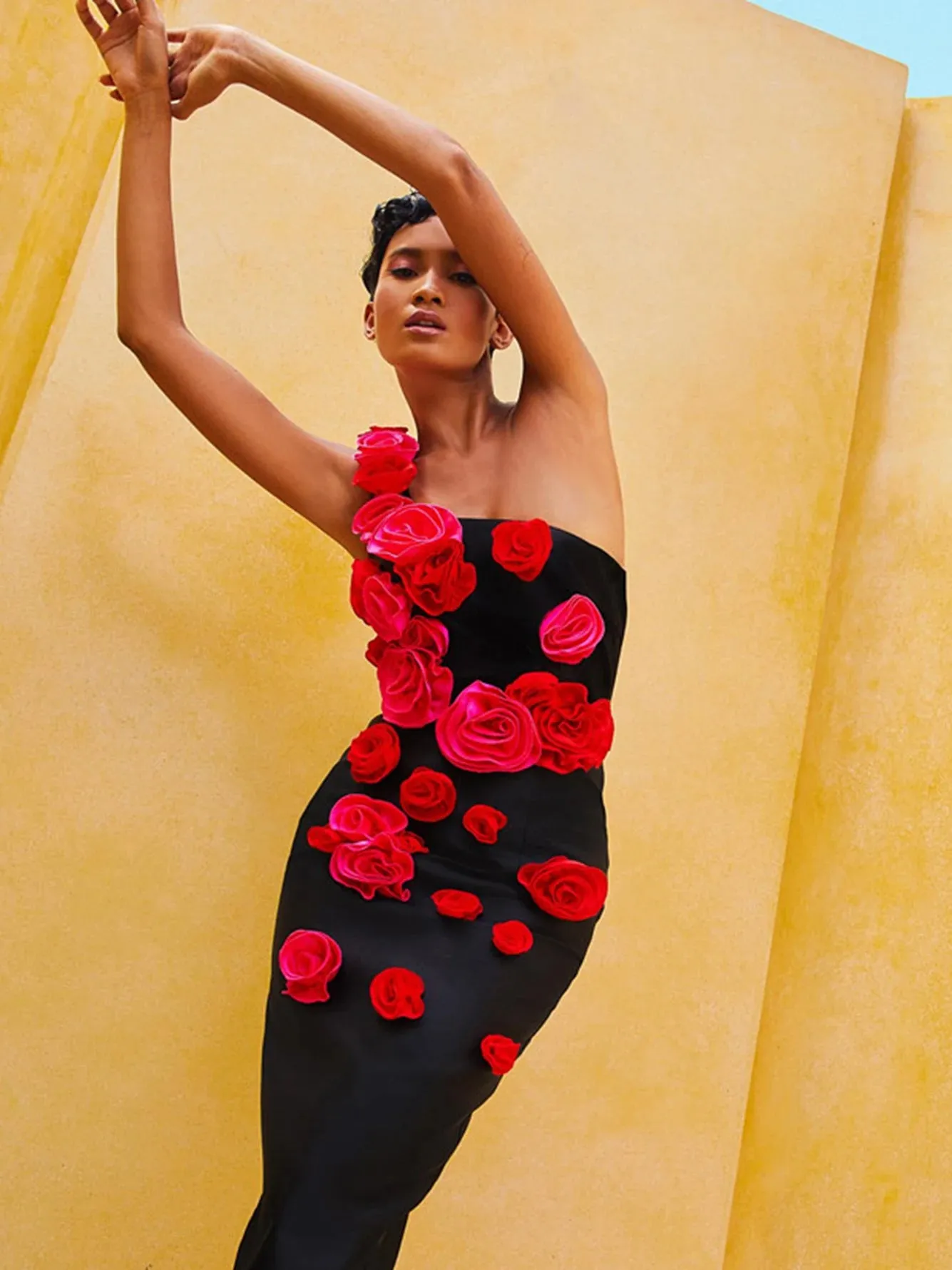 Black One Shoulder 3D Flower Dress