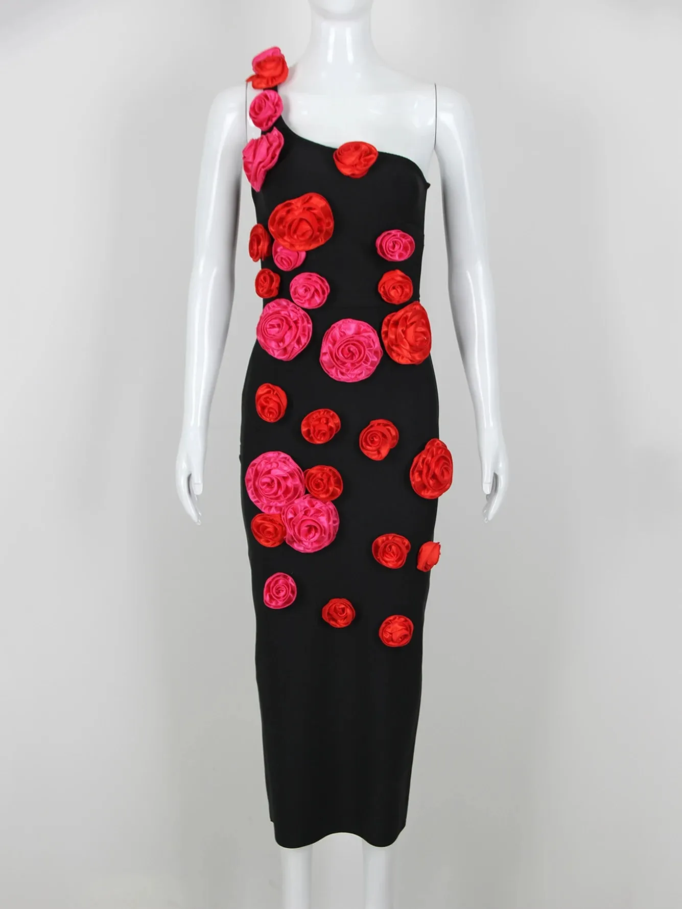 Black One Shoulder 3D Flower Dress