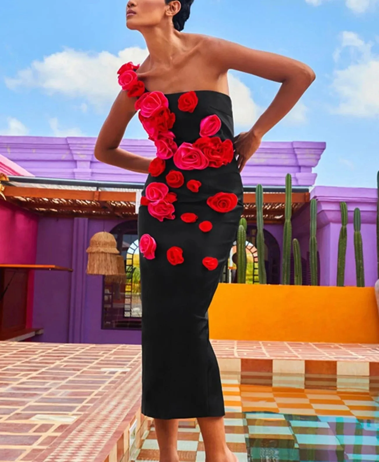 Black One Shoulder 3D Flower Dress