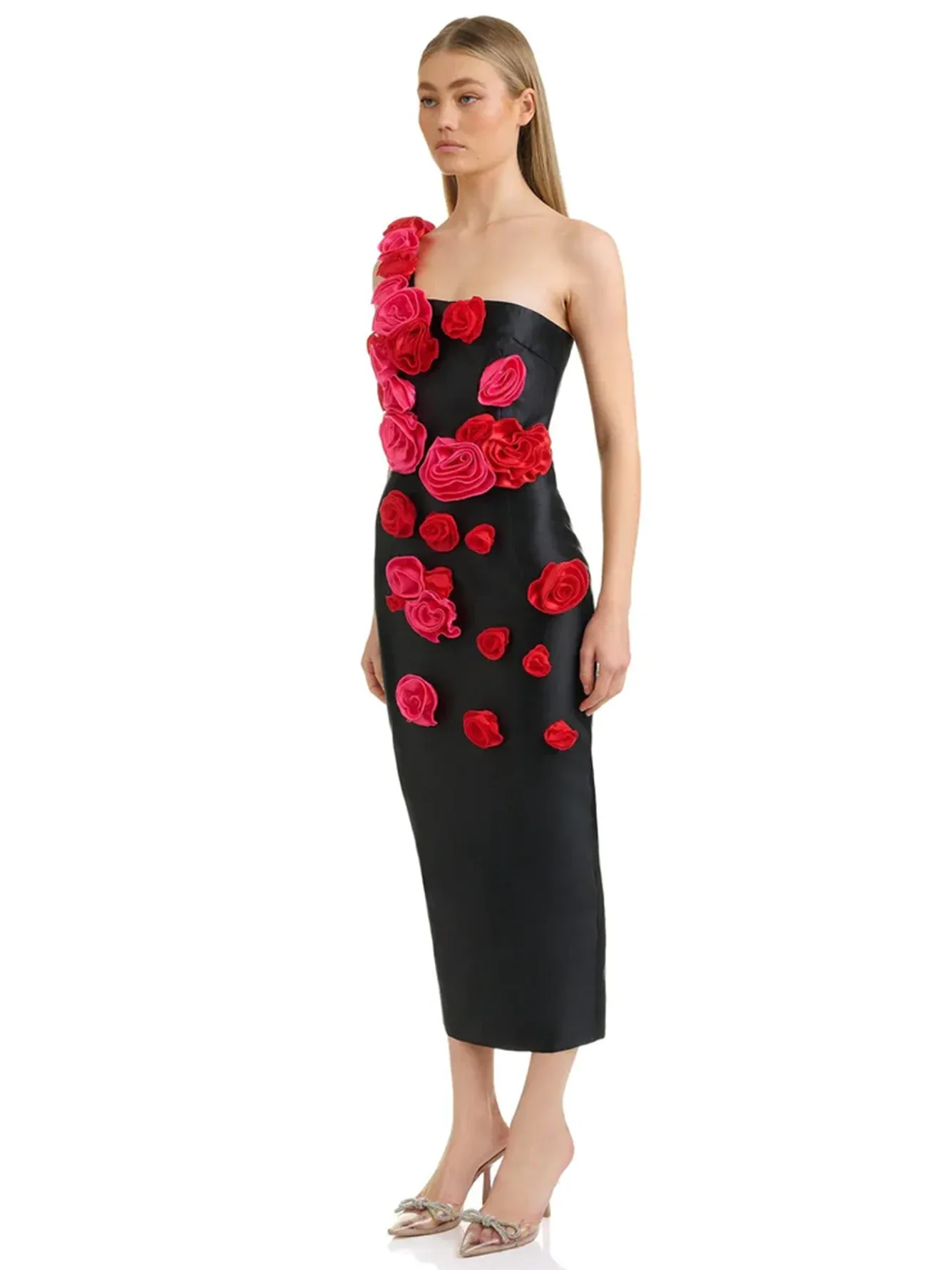 Black One Shoulder 3D Flower Dress