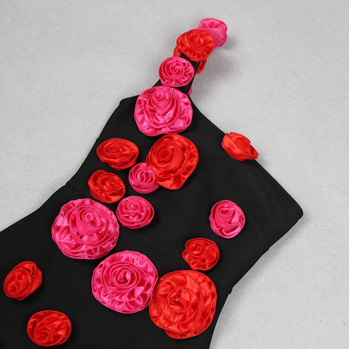Black One Shoulder 3D Flower Dress