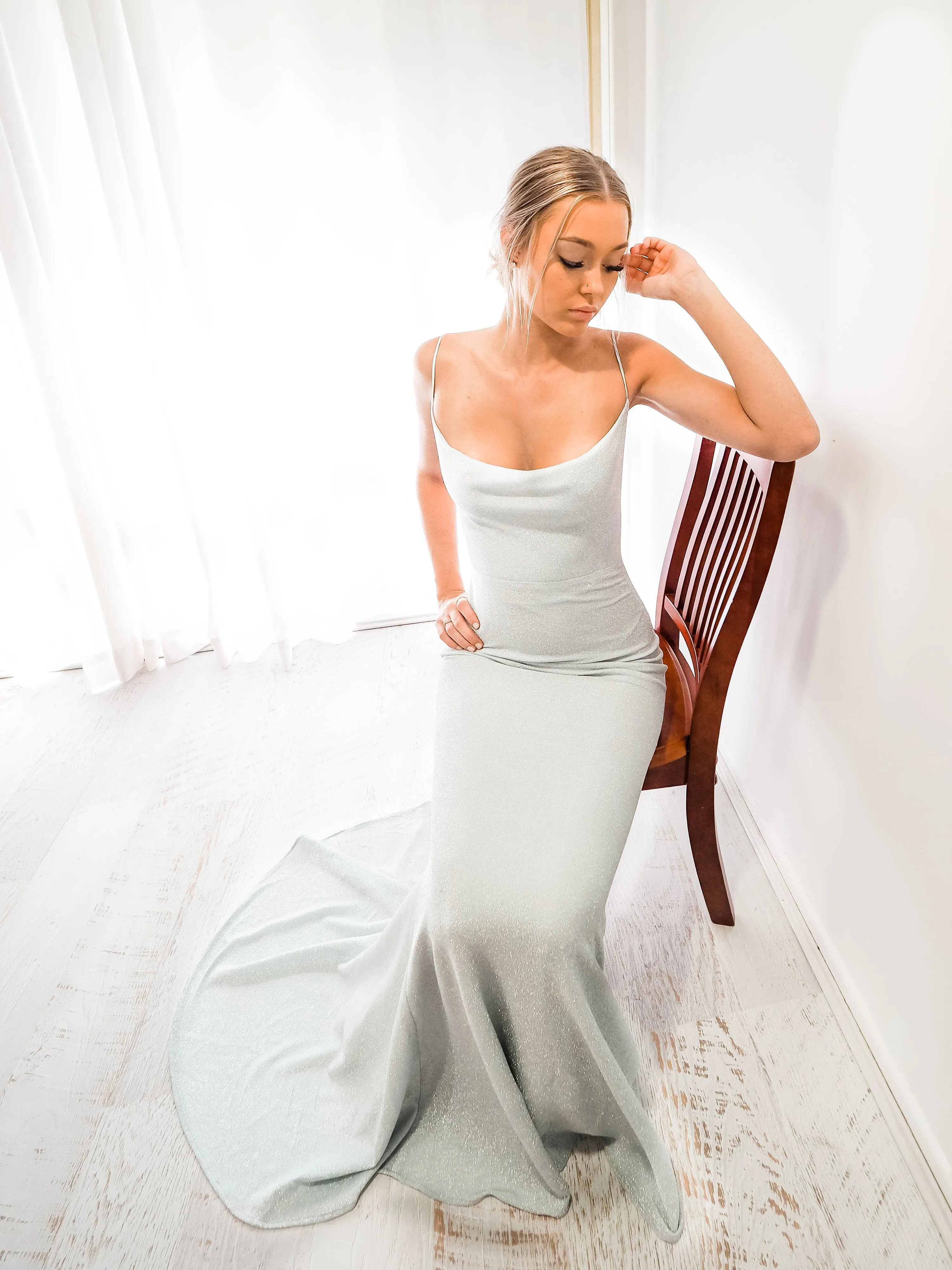Blue sparkling cowl neck mermaid low back dress