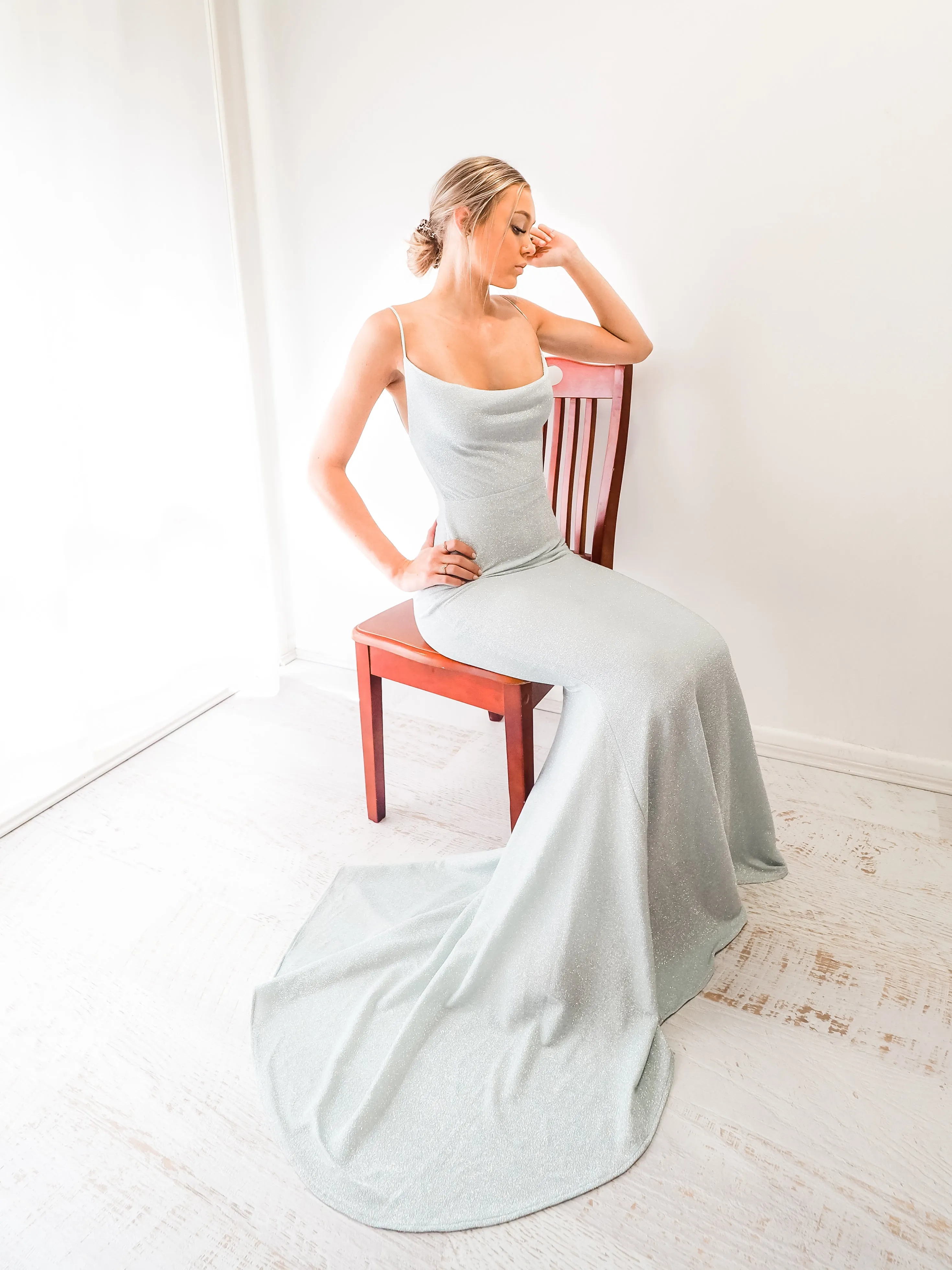 Blue sparkling cowl neck mermaid low back dress