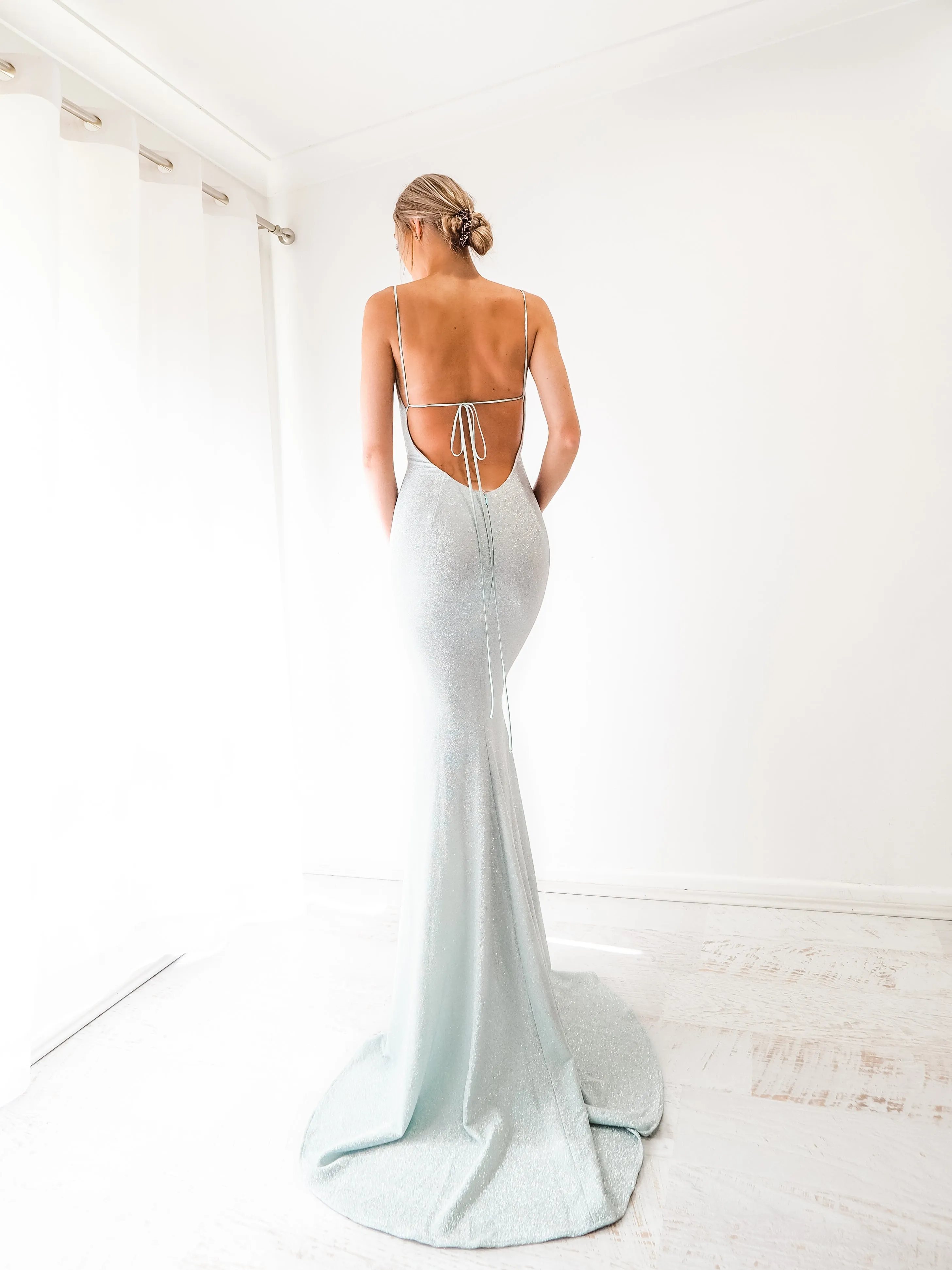 Blue sparkling cowl neck mermaid low back dress