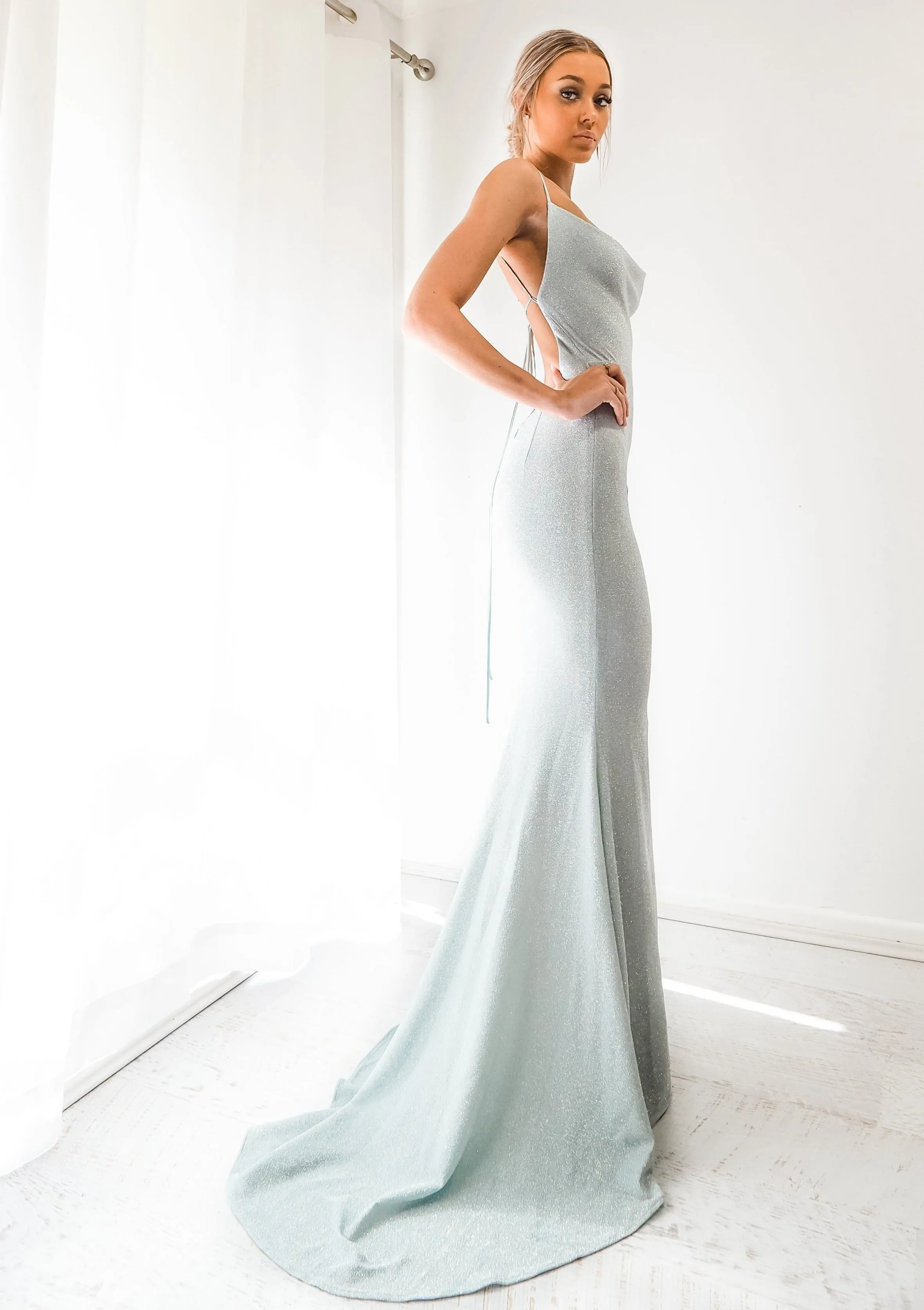 Blue sparkling cowl neck mermaid low back dress