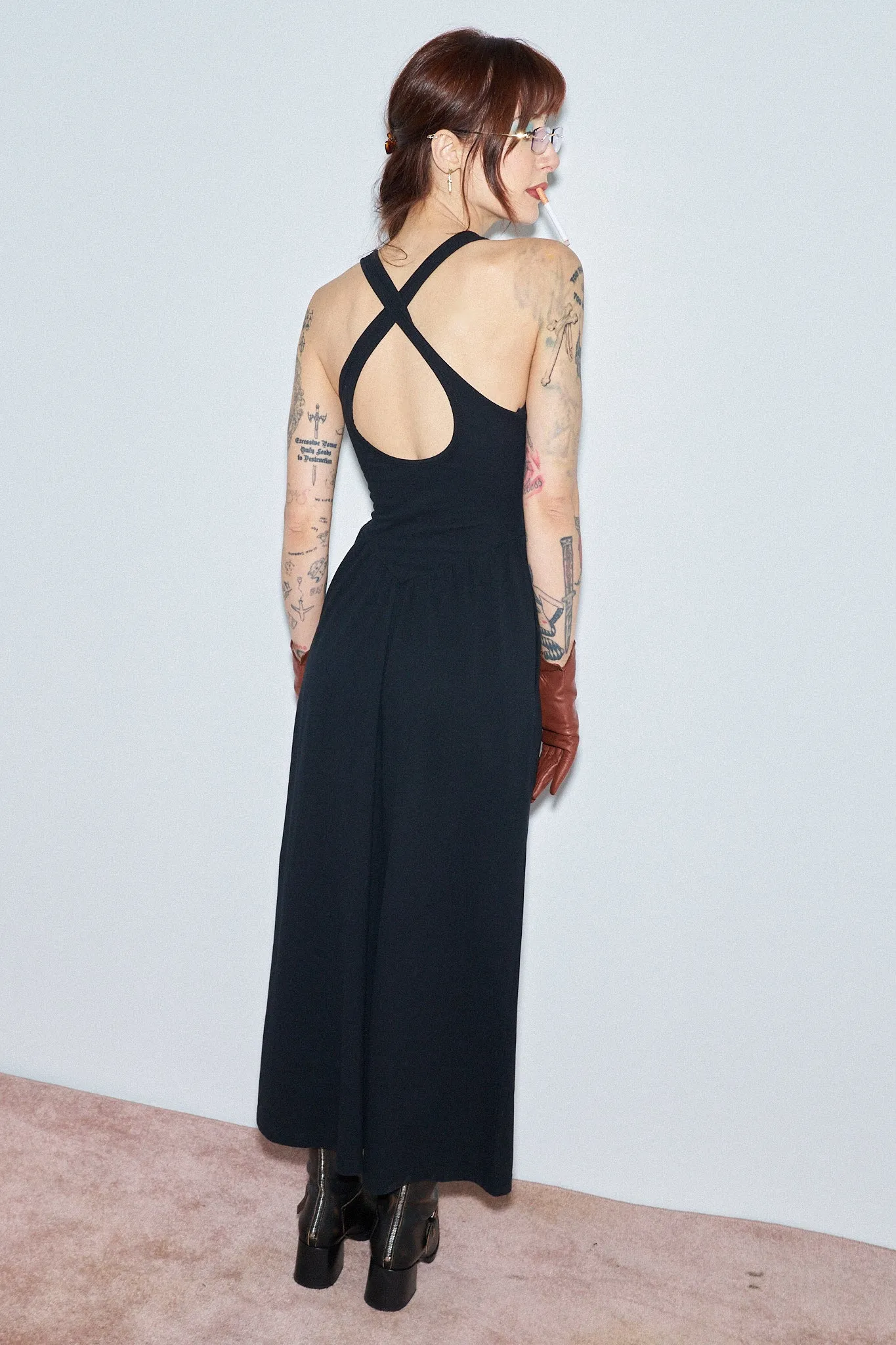 breathable pique cotton Crossback Maxi Travel Dress Black