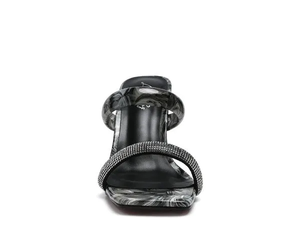 Clear Block Heeled Marble Print Slides