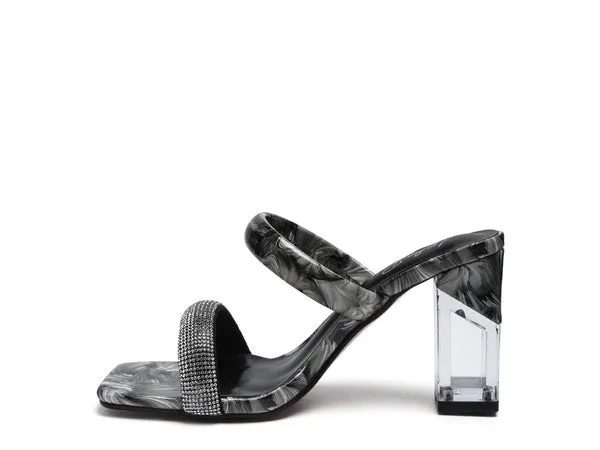 Clear Block Heeled Marble Print Slides