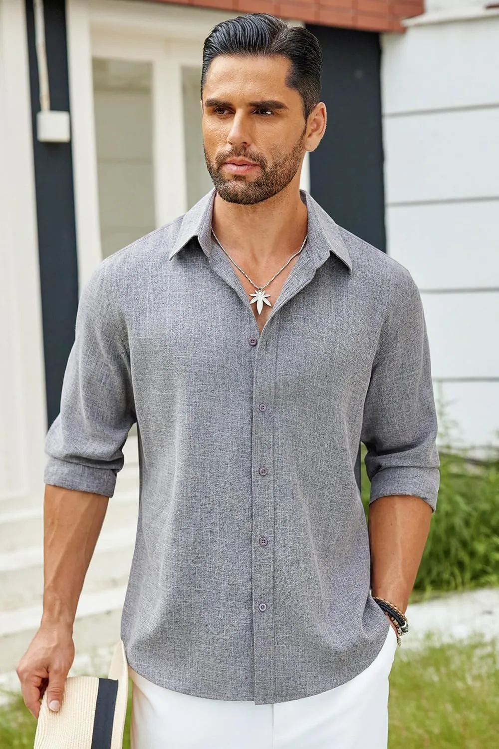 COOFANDY Men's Long Sleeve Button Down Linen Shirt Casual Untucked Chambray Shirt Wrinkle Free Wedding Shirts