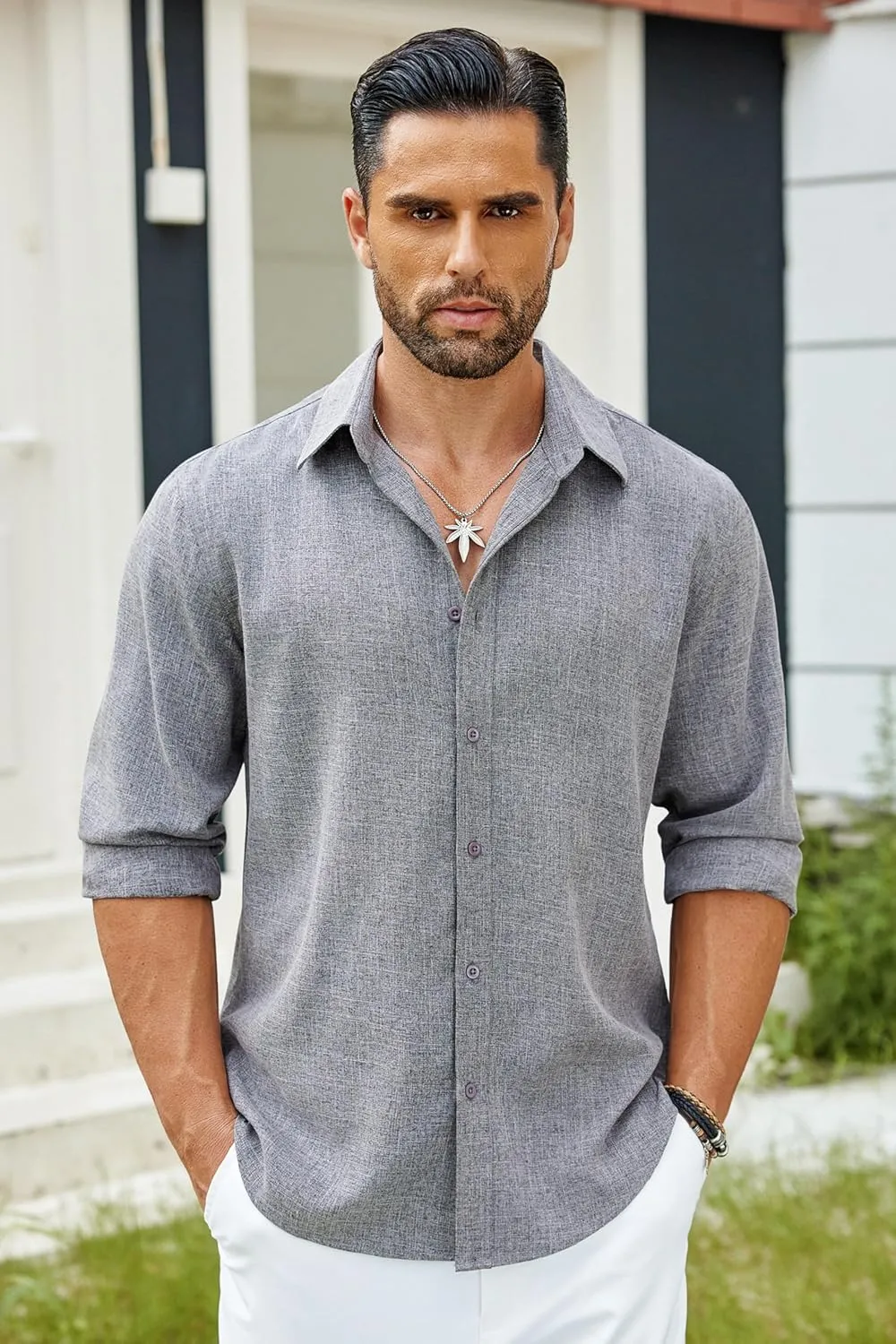 COOFANDY Men's Long Sleeve Button Down Linen Shirt Casual Untucked Chambray Shirt Wrinkle Free Wedding Shirts