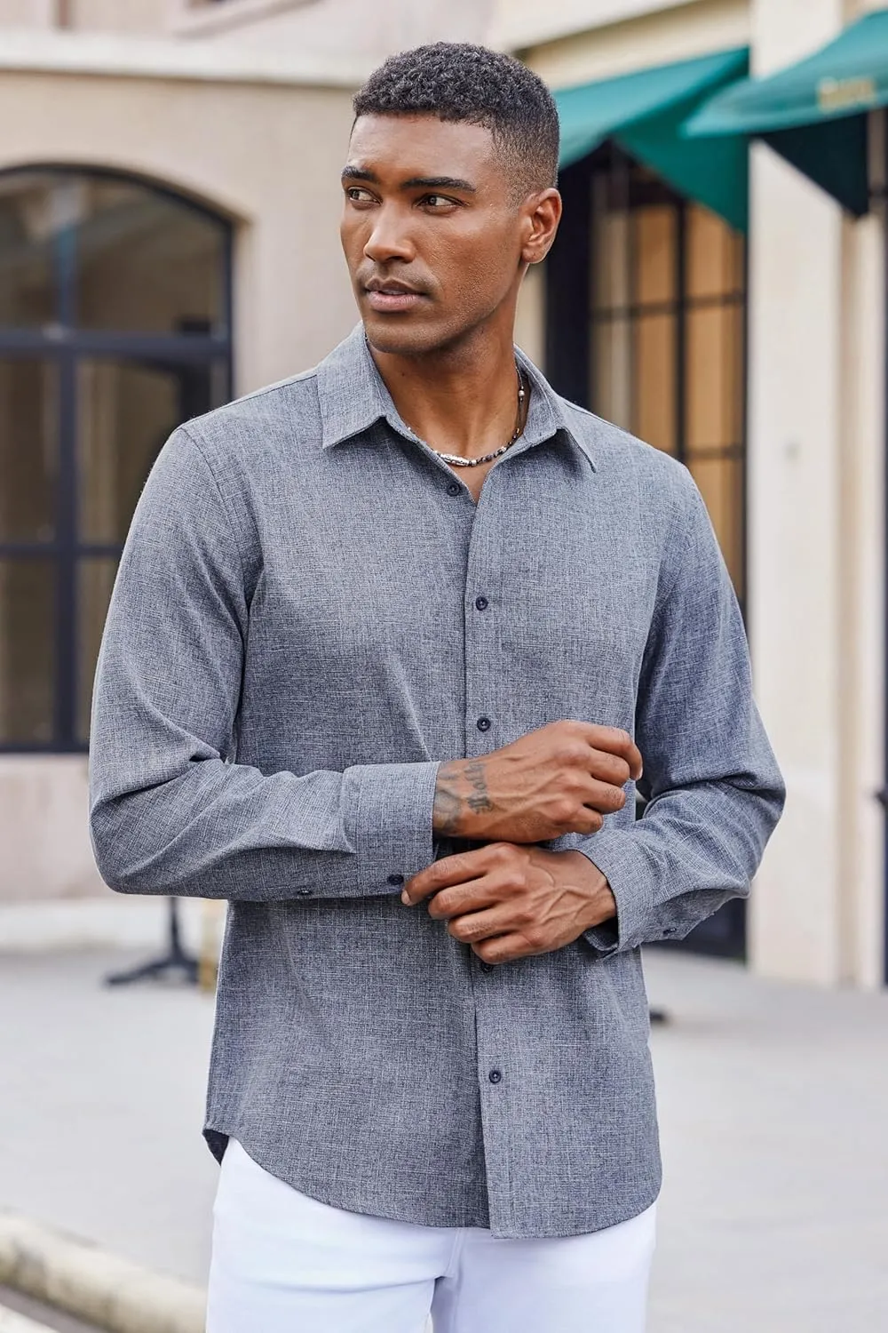 COOFANDY Men's Long Sleeve Button Down Linen Shirt Casual Untucked Chambray Shirt Wrinkle Free Wedding Shirts