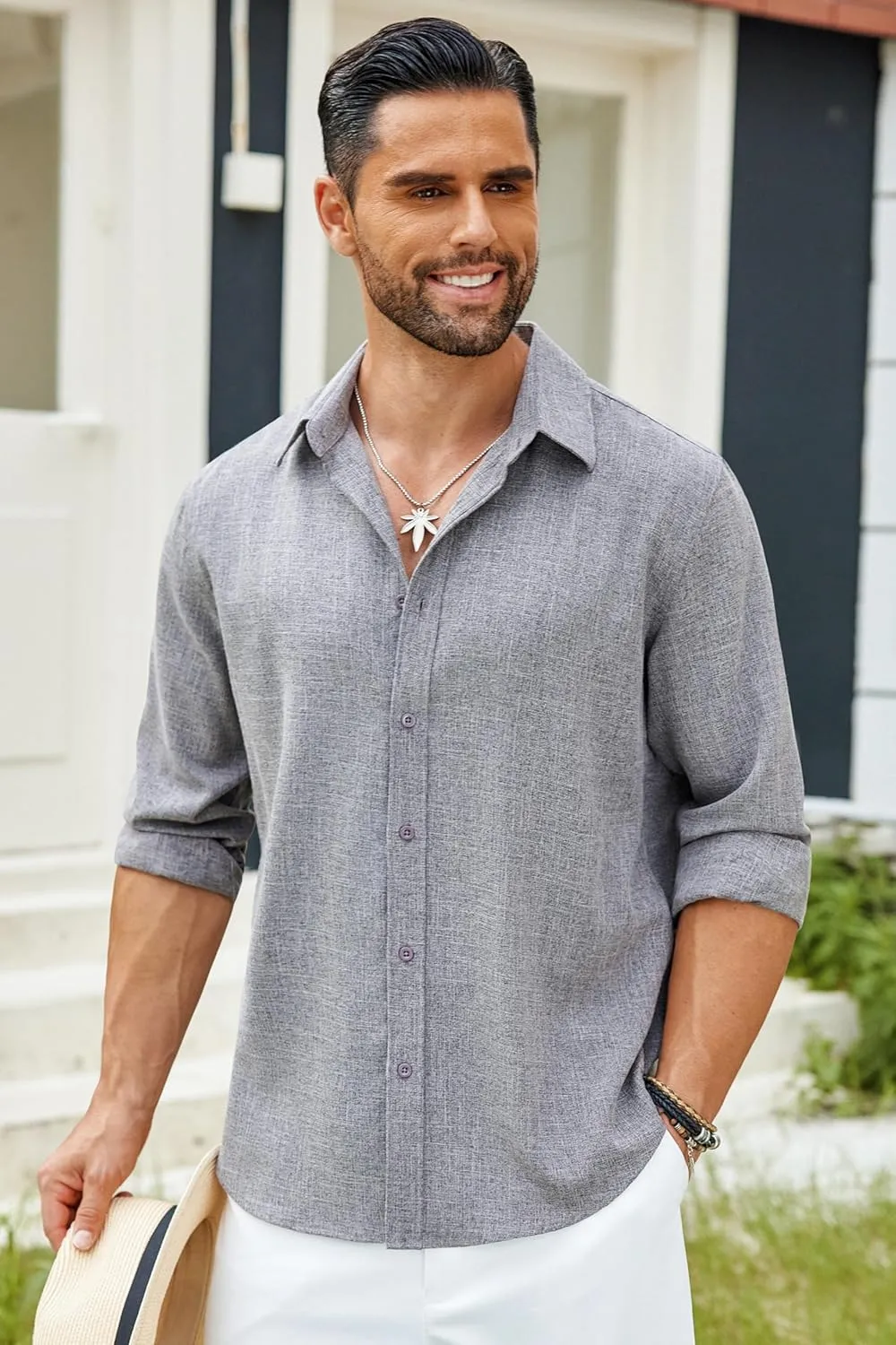 COOFANDY Men's Long Sleeve Button Down Linen Shirt Casual Untucked Chambray Shirt Wrinkle Free Wedding Shirts