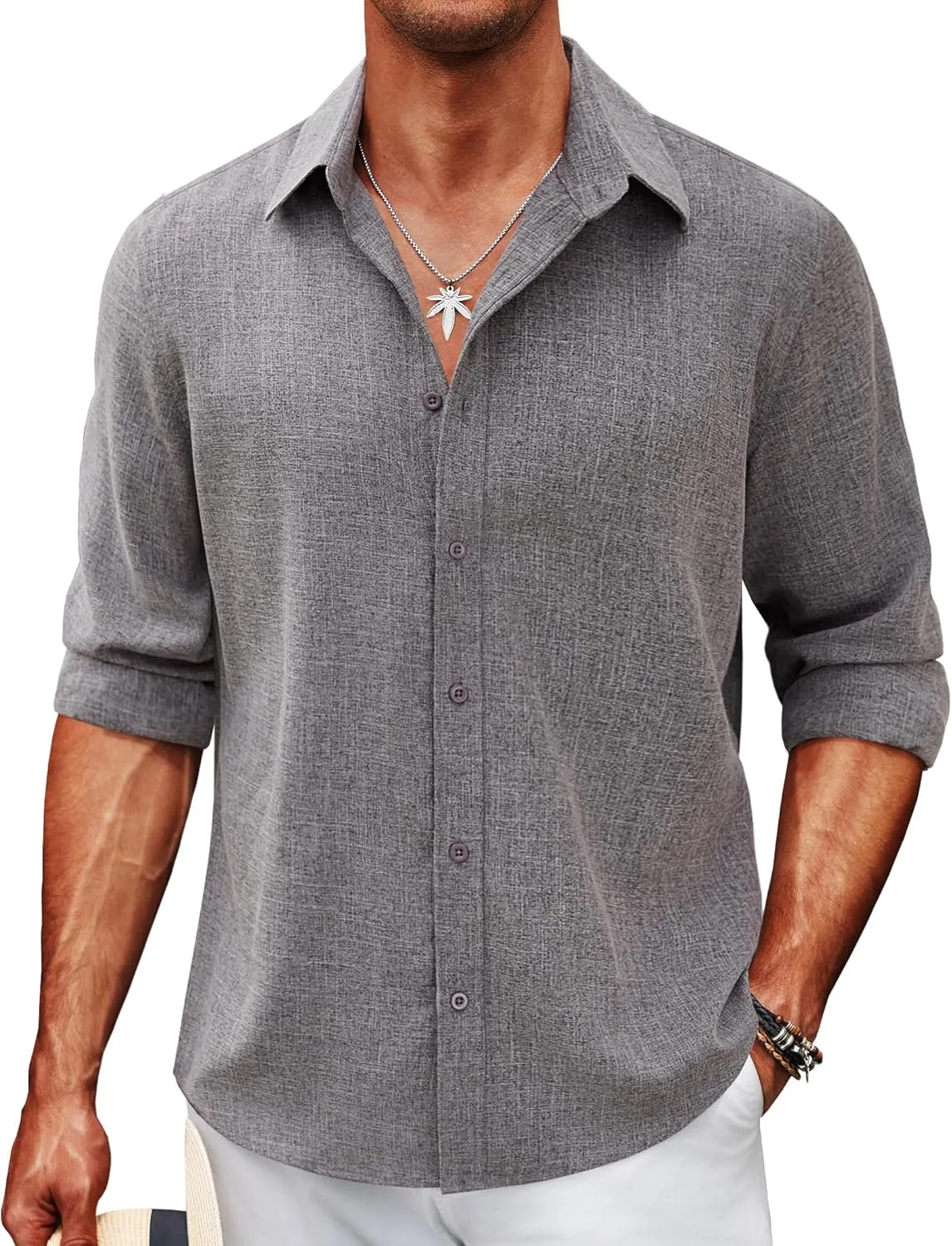 COOFANDY Men's Long Sleeve Button Down Linen Shirt Casual Untucked Chambray Shirt Wrinkle Free Wedding Shirts