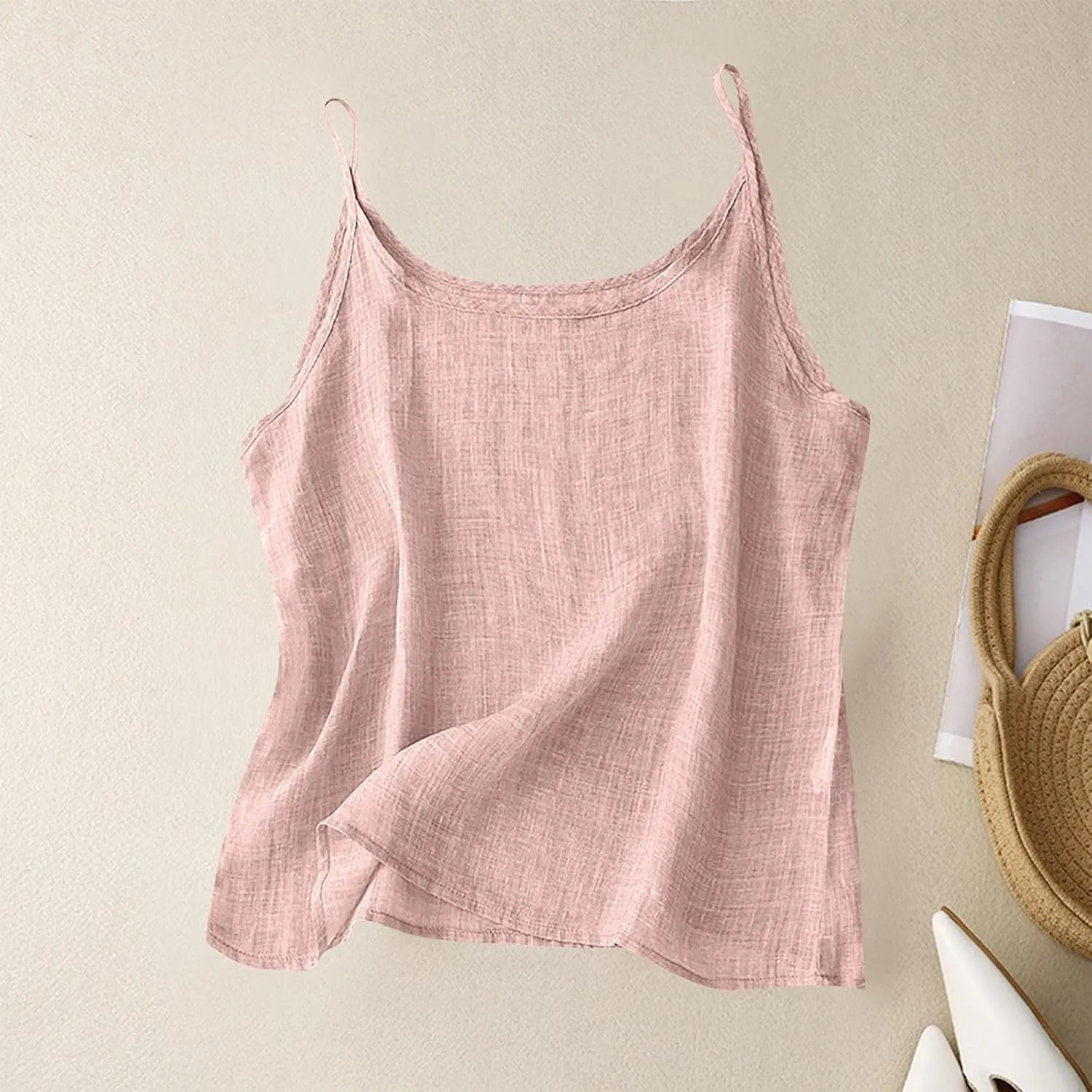 Cotton Linen Camisole Tops for Women Spaghetti Strap Loose Fit Tank Top Summer Sleeveless Gauze Cami Shirts