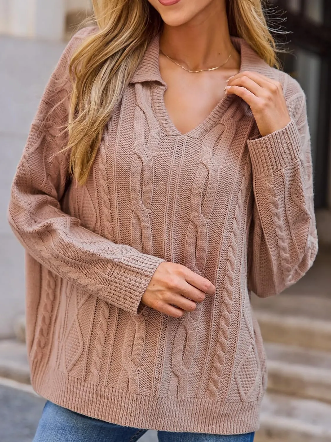 CUPSHE Womens Fall Collared Sweaters Long Sleeve V Neck Cable Knit Casual Pullover Sweater Tops