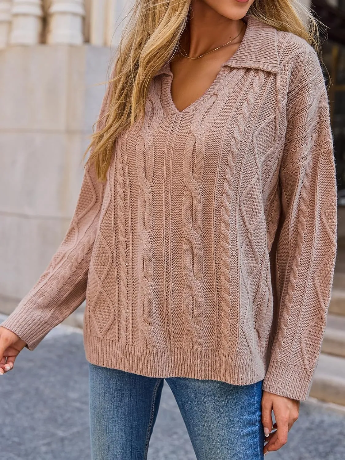 CUPSHE Womens Fall Collared Sweaters Long Sleeve V Neck Cable Knit Casual Pullover Sweater Tops
