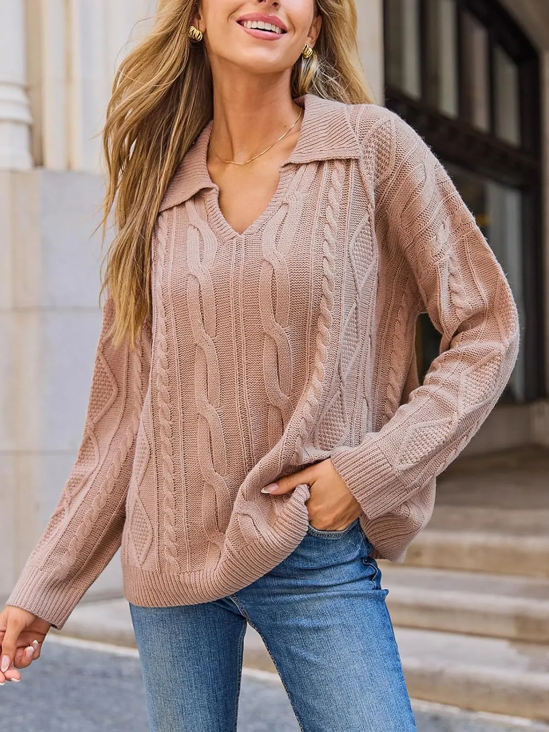 CUPSHE Womens Fall Collared Sweaters Long Sleeve V Neck Cable Knit Casual Pullover Sweater Tops