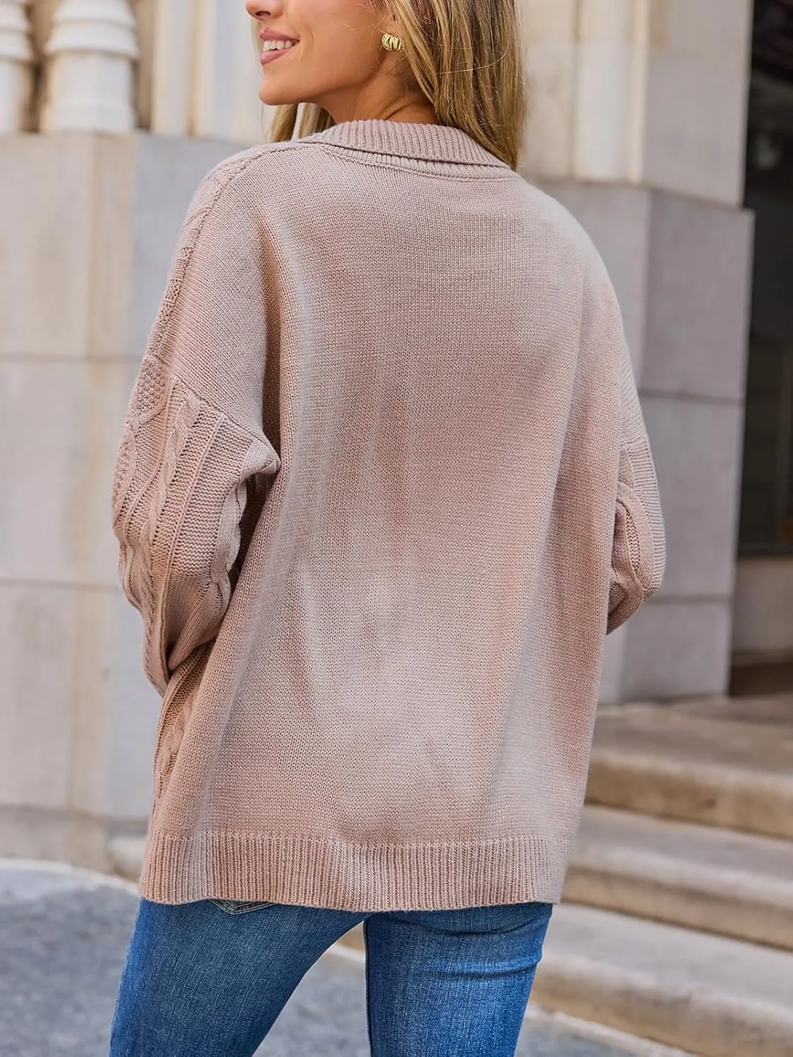 CUPSHE Womens Fall Collared Sweaters Long Sleeve V Neck Cable Knit Casual Pullover Sweater Tops