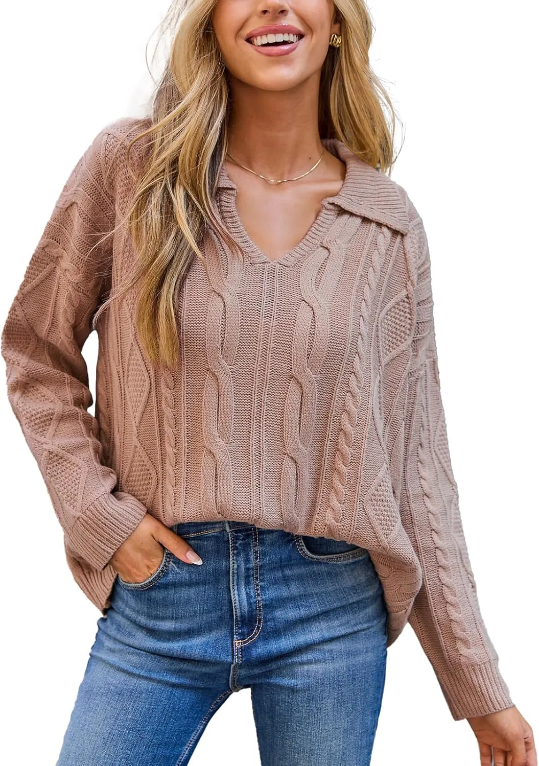 CUPSHE Womens Fall Collared Sweaters Long Sleeve V Neck Cable Knit Casual Pullover Sweater Tops