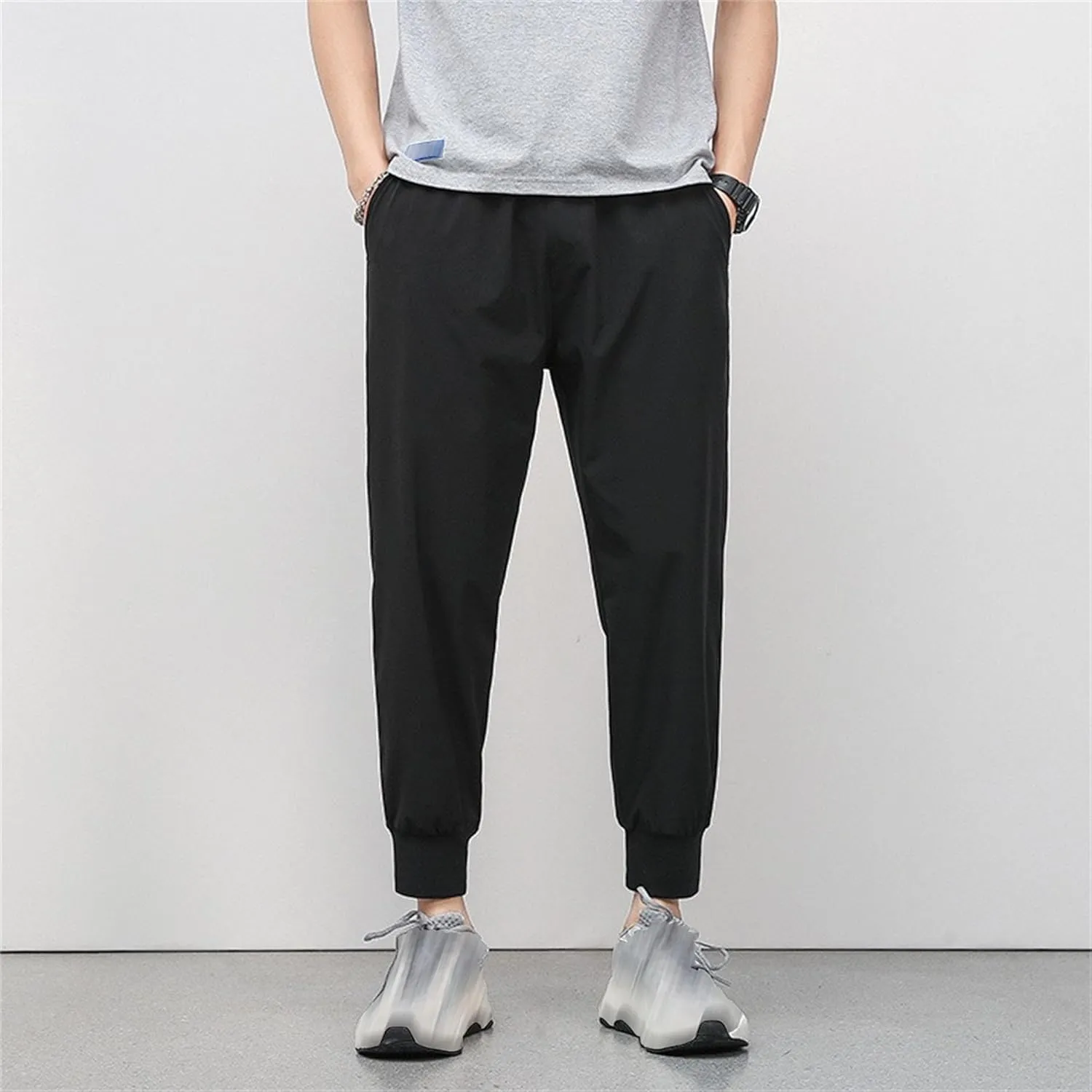 DGHM-JLMY Men's Summer Thin Ice Silk Sweatpants Fashion Breathable Tapered Pants Lightweight Stretchy Jogging Ankle Pants