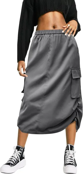FARORO Y2k Cargo Long Skirts for Women Trendy High Waisted Vintage Slit Midi Skirt with Flap Pockets