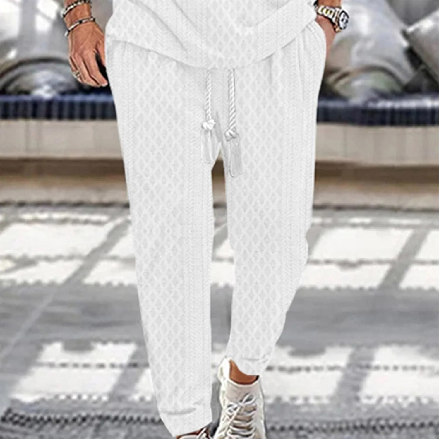 Finelylove Sweatpants for Men Crochet Knit Baggy Pants Loose Fit Casual Yoga Jogger Pants Fashion Drawstring Trousers