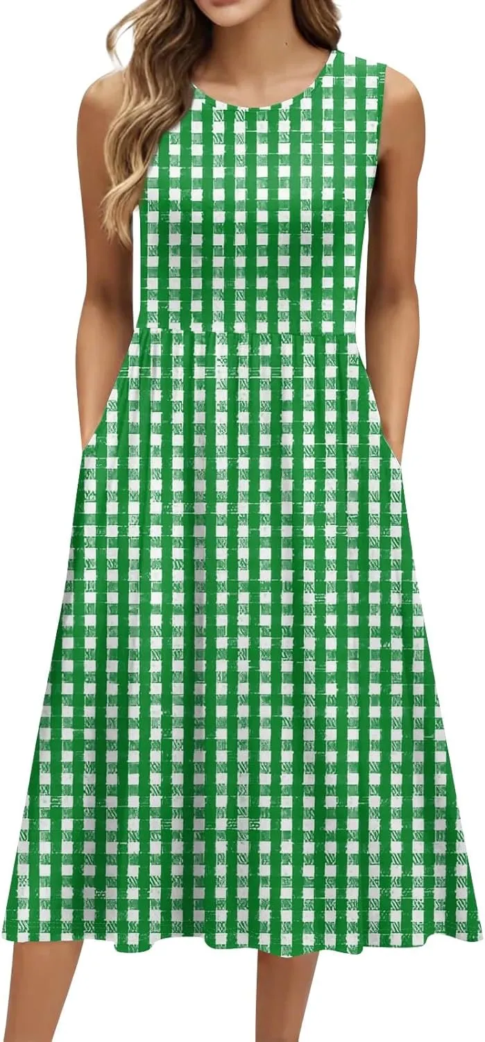 Floral Dress for Women 2025 Elegant Casual A Line Crew Neck Sleeveless Flowy Sundresses Elegant Lightweight Dress with Pocket