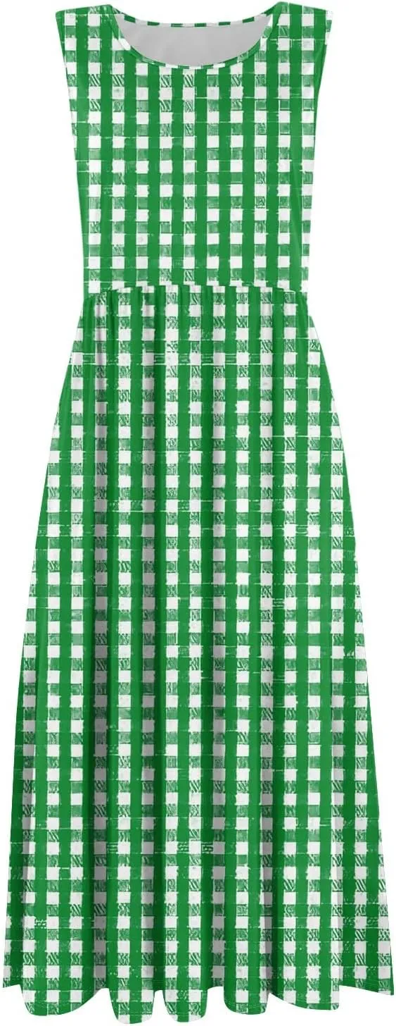 Floral Dress for Women 2025 Elegant Casual A Line Crew Neck Sleeveless Flowy Sundresses Elegant Lightweight Dress with Pocket