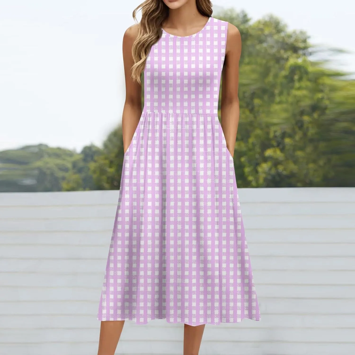 Floral Dress for Women 2025 Elegant Casual A Line Crew Neck Sleeveless Flowy Sundresses Elegant Lightweight Dress with Pocket