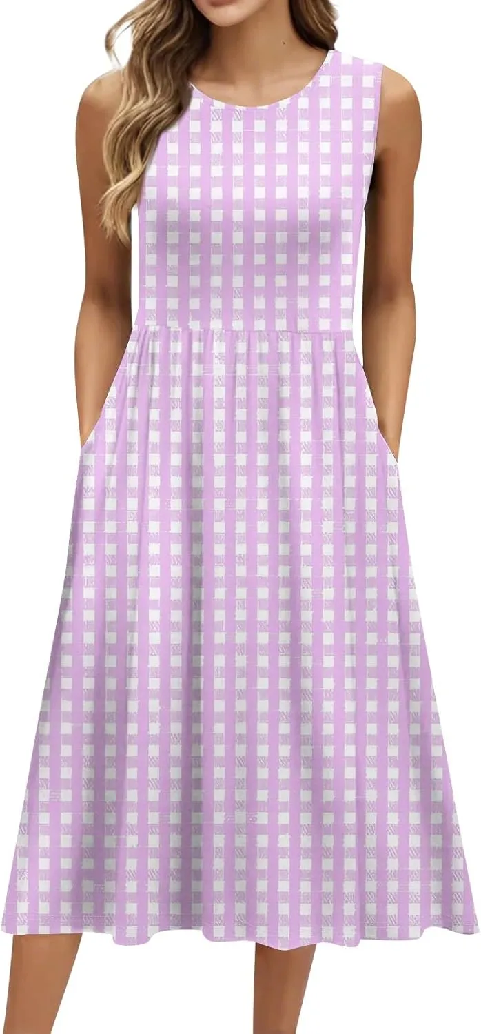 Floral Dress for Women 2025 Elegant Casual A Line Crew Neck Sleeveless Flowy Sundresses Elegant Lightweight Dress with Pocket