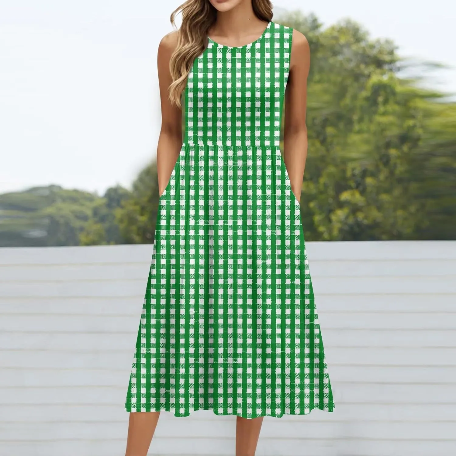 Floral Dress for Women 2025 Elegant Casual A Line Crew Neck Sleeveless Flowy Sundresses Elegant Lightweight Dress with Pocket