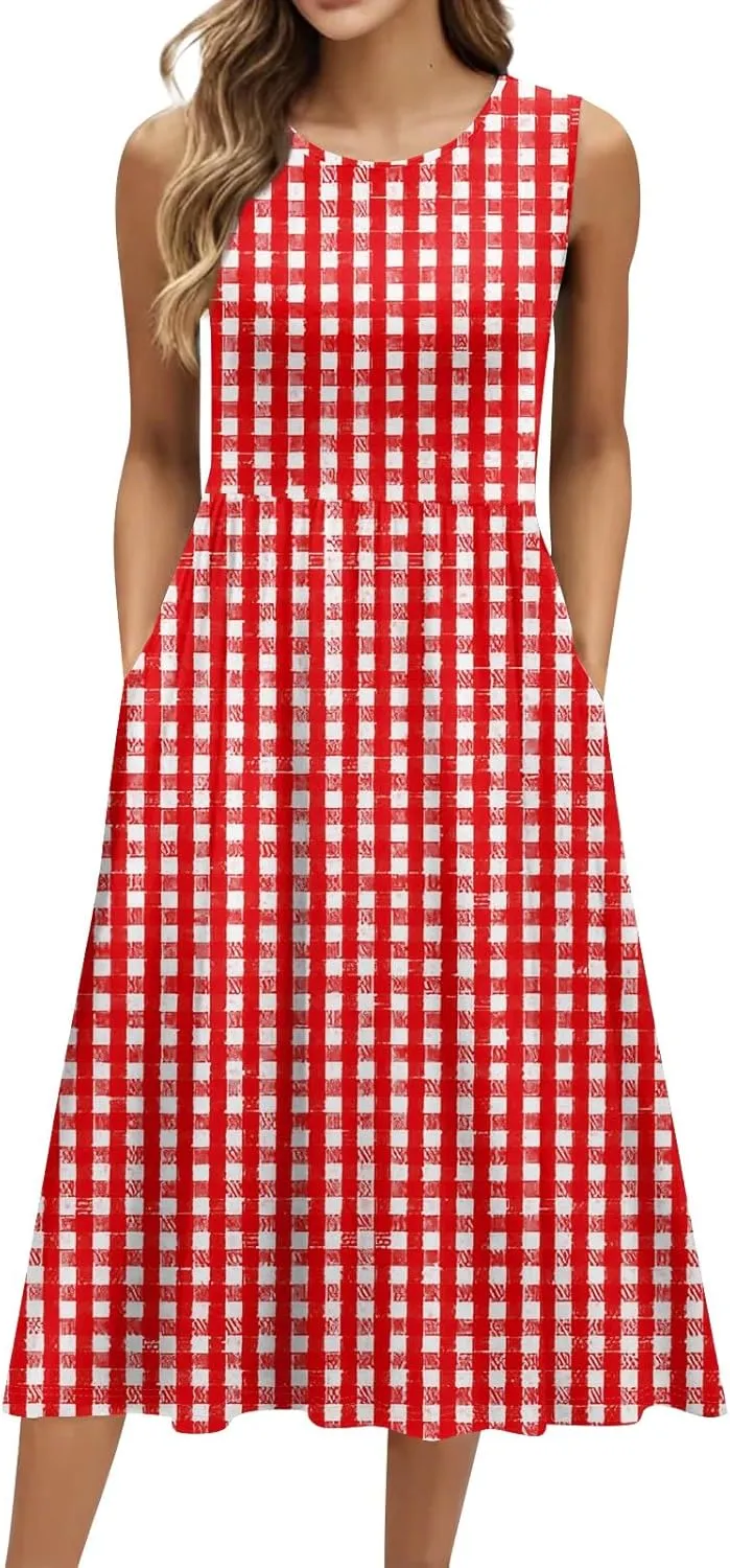 Floral Dress for Women 2025 Elegant Casual A Line Crew Neck Sleeveless Flowy Sundresses Elegant Lightweight Dress with Pocket