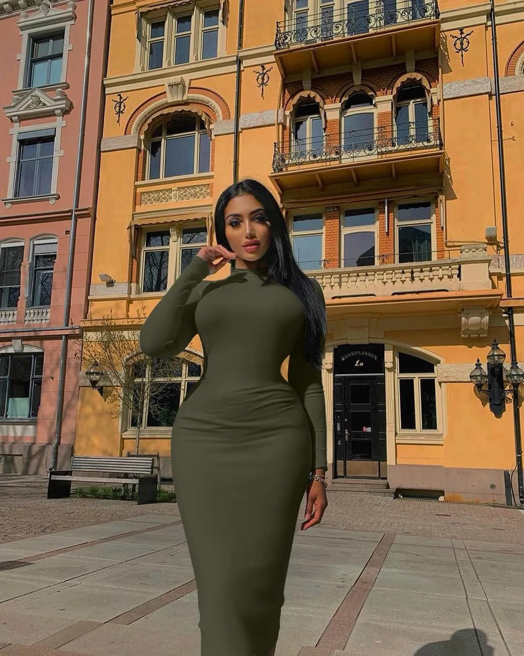 GOBLES Women's Sexy Turtleneck Long Sleeve Elegant Bodycon Party Long Dress