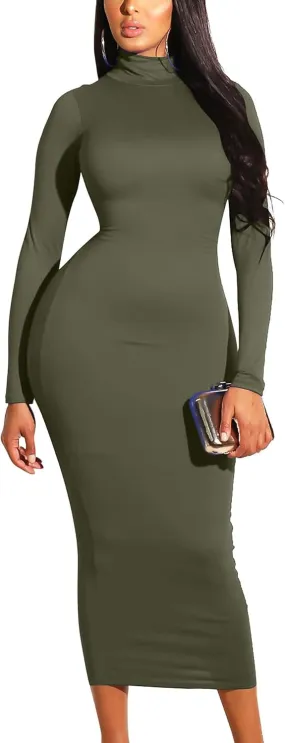 GOBLES Women's Sexy Turtleneck Long Sleeve Elegant Bodycon Party Long Dress