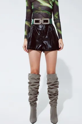 High waisted short leather pants in black