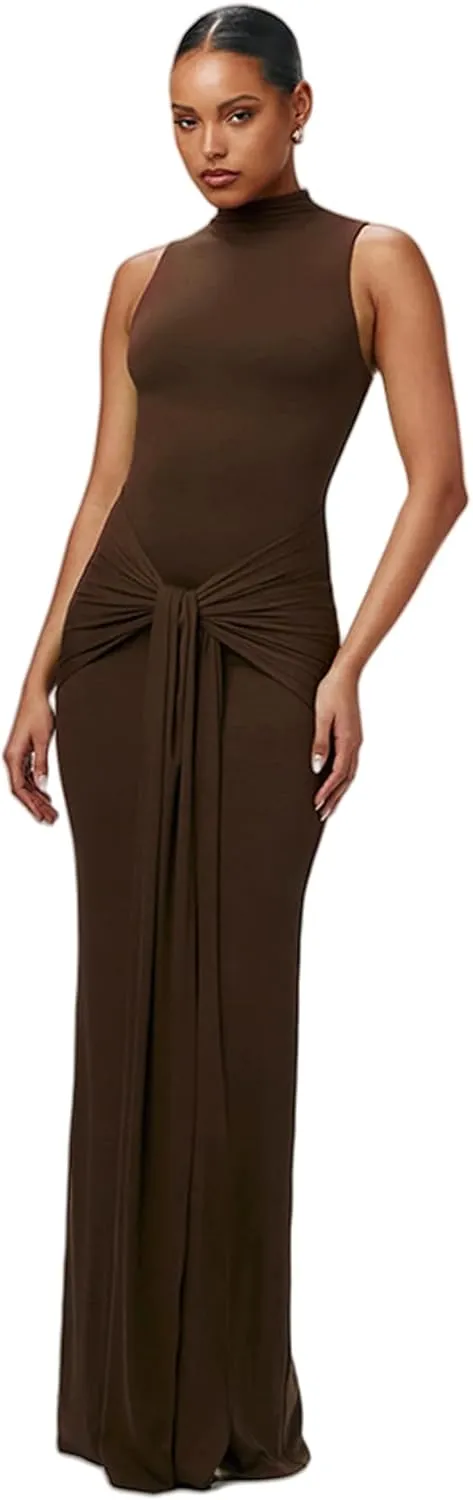 JUMISEE Women's Sexy High Neck Long Sleeve Maxi Dress Elegant Tie Waist Bodycon Long Dress Cocktail Party Dress