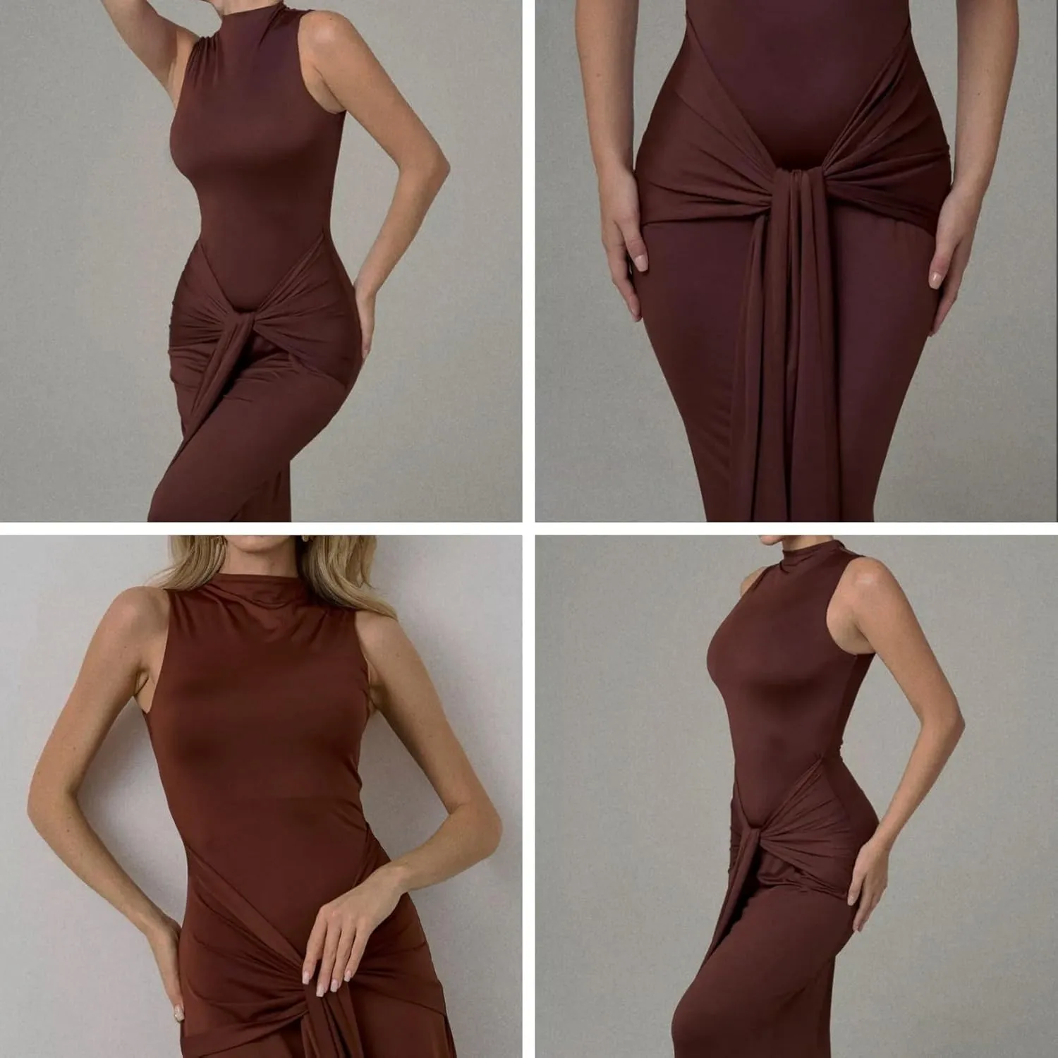 JUMISEE Women's Sexy High Neck Long Sleeve Maxi Dress Elegant Tie Waist Bodycon Long Dress Cocktail Party Dress